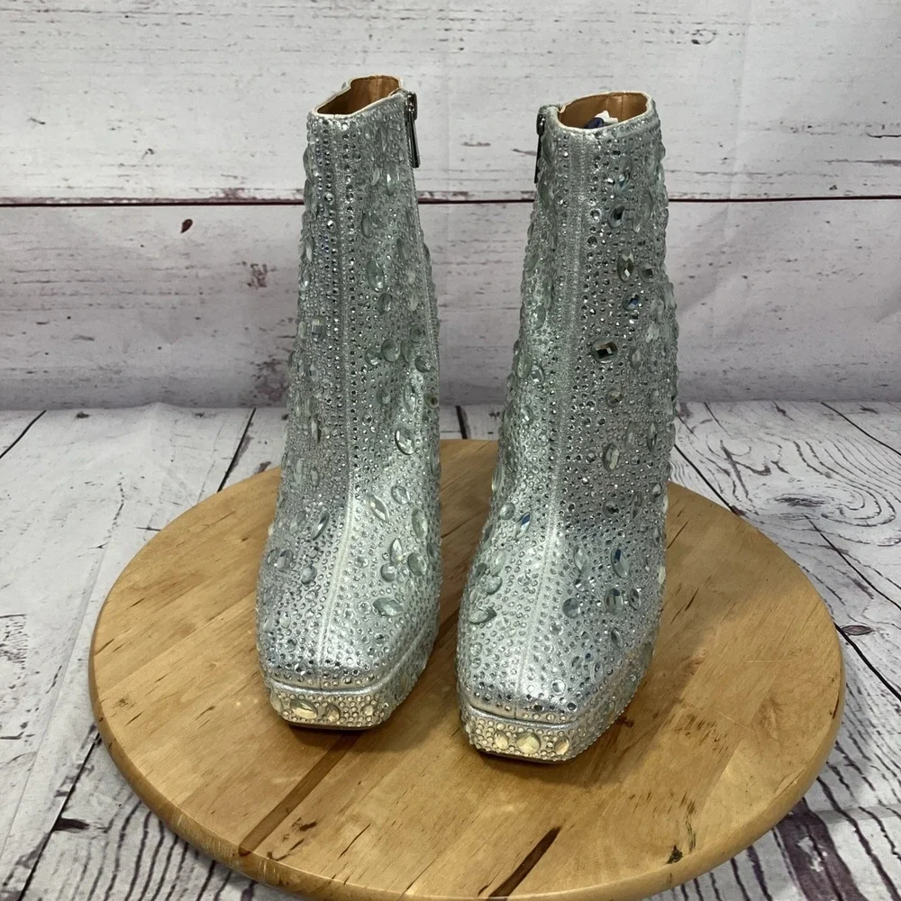 Jessica‎ Simpson Rhinestone Platform Ankle Boots Silver Crystal Womens 9 NWOB